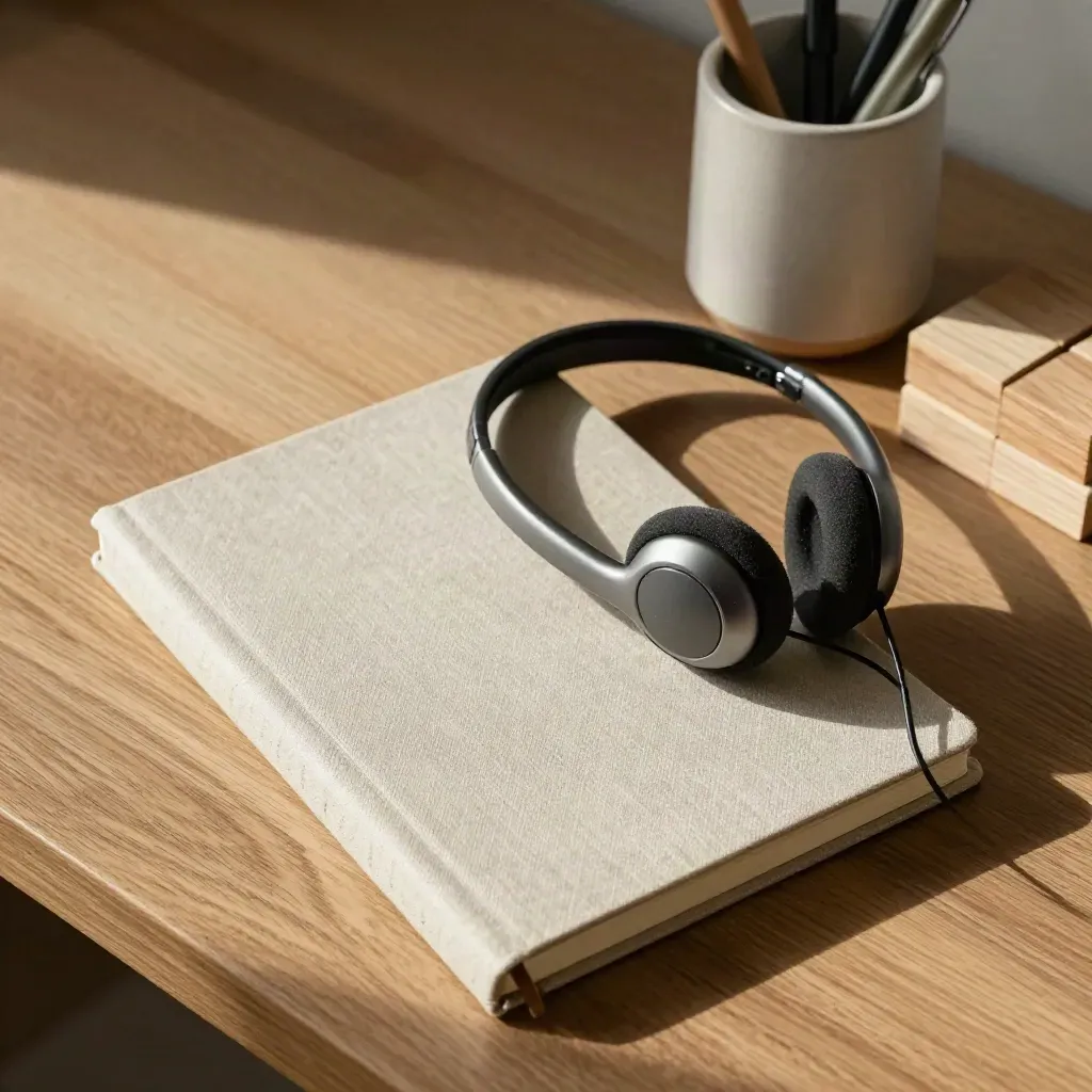 Overhead close crop of a notebook, headset cradle, pen cup and wooden calendar blocks on a warm desk.