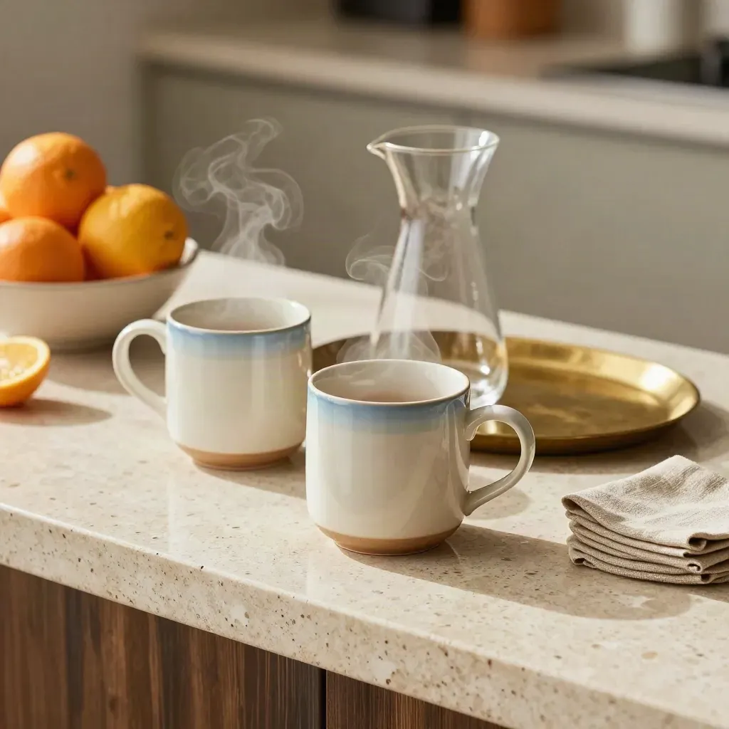 Steam rises from coffee mugs and carafe on travertine with citrus and linen coasters.