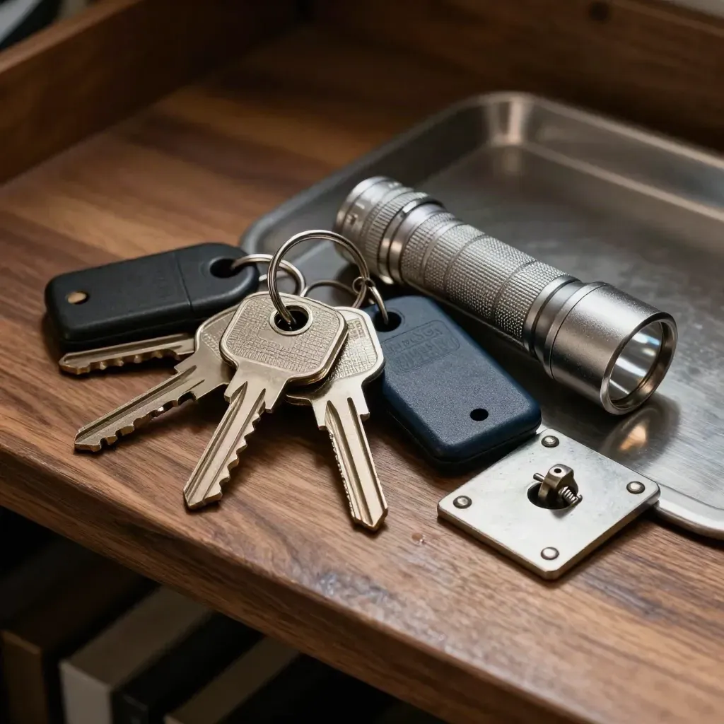Master key ring, access fobs, latch hardware, and flashlight on a walnut shelf under dramatic light.