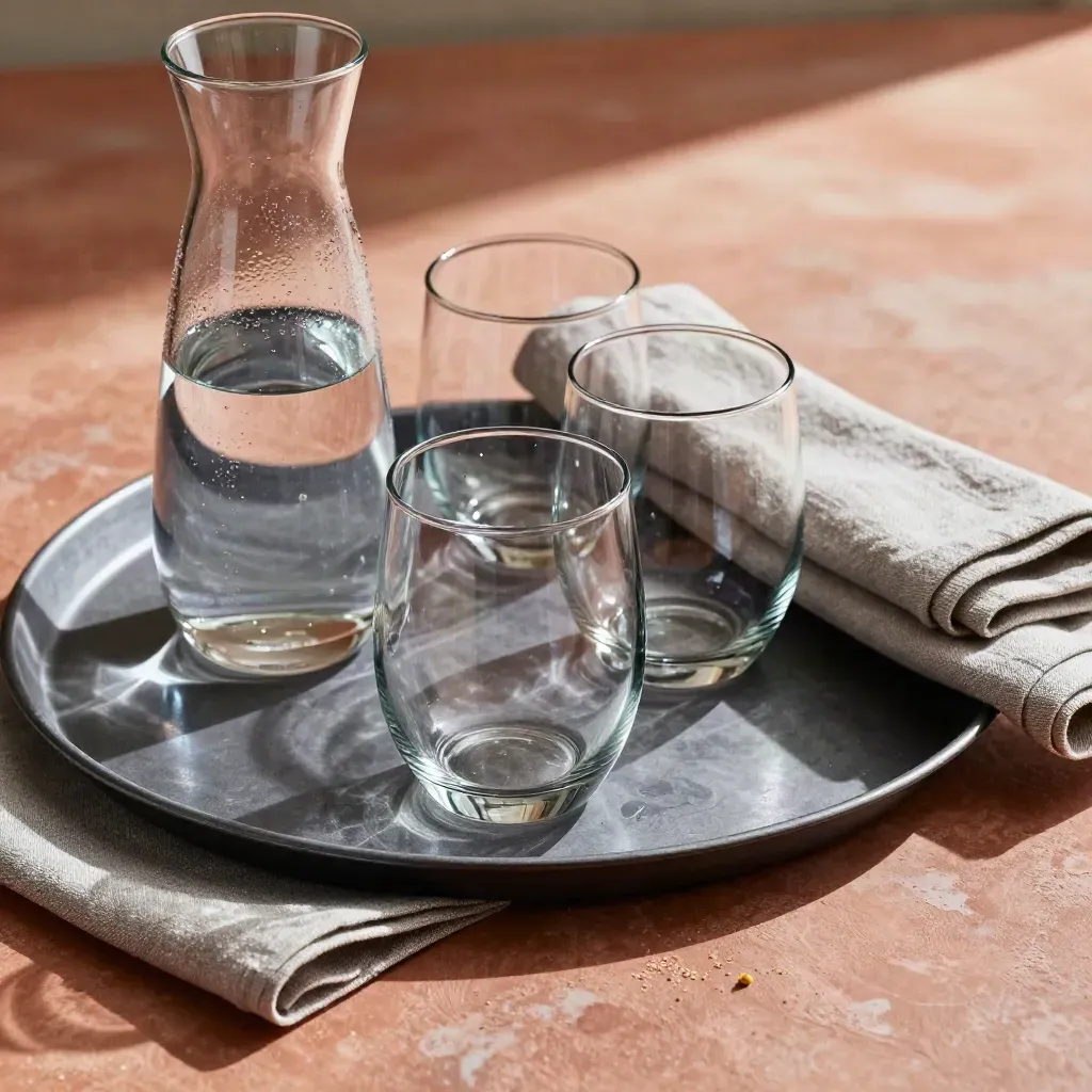 Stacked glasses, water carafe, tray, and linen napkins on a terracotta surface.