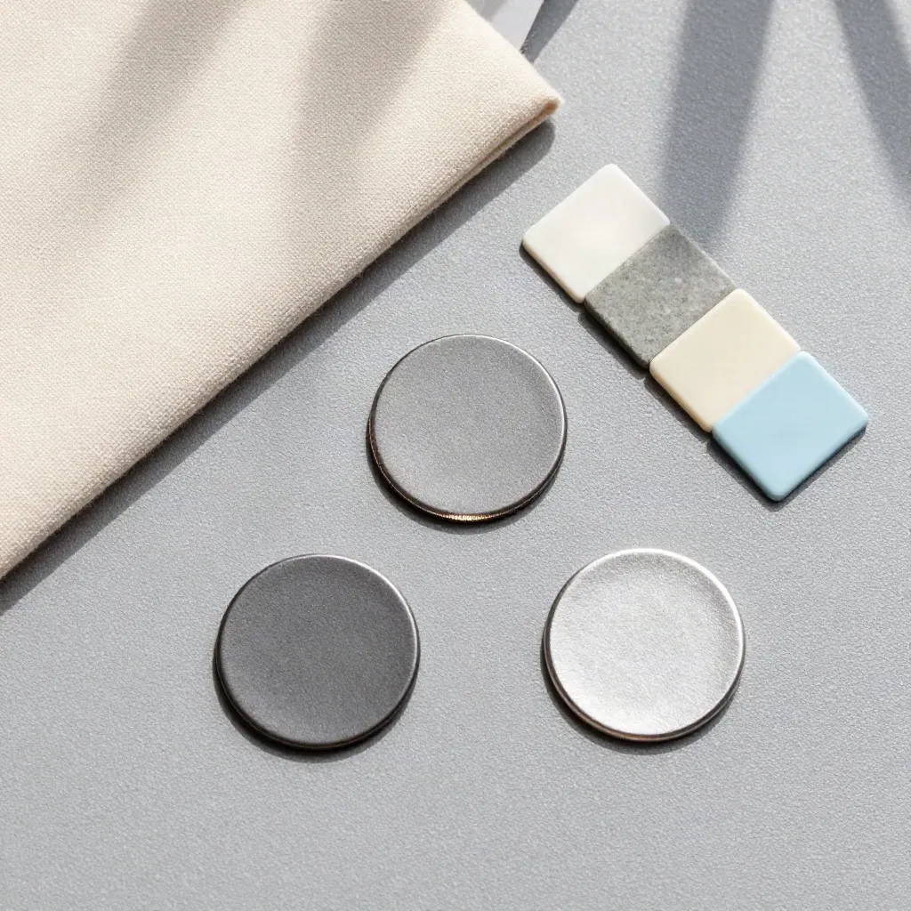 Overhead flatlay of membership tokens, linen sleeve, and plan chips on pale plaster.