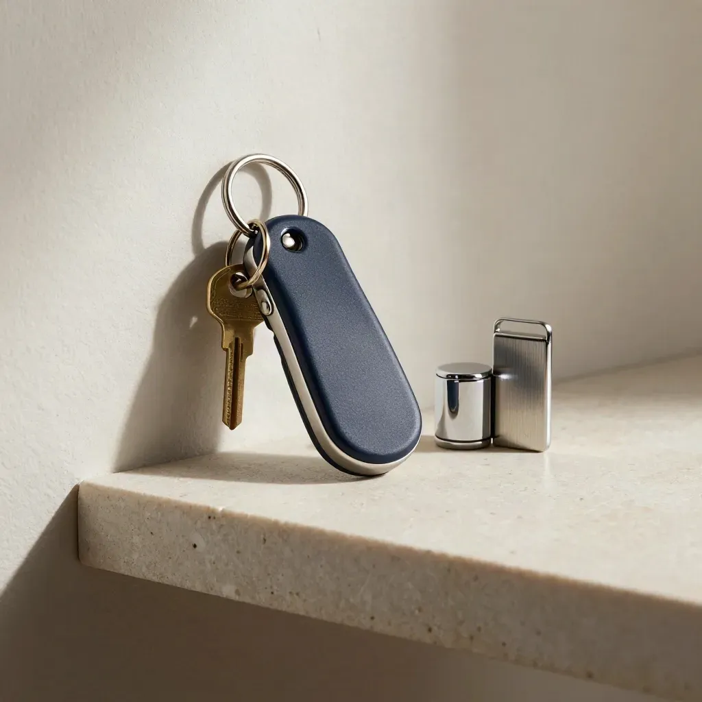 Access fob, mailbox key and lock cylinder beside a latch plate on a stone shelf.