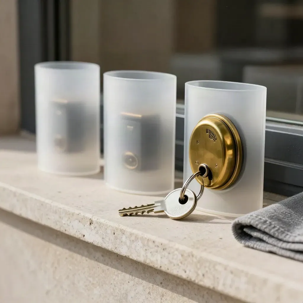 Brass buzzer, key ring, and frosted visitor sleeve on a pale stone ledge.