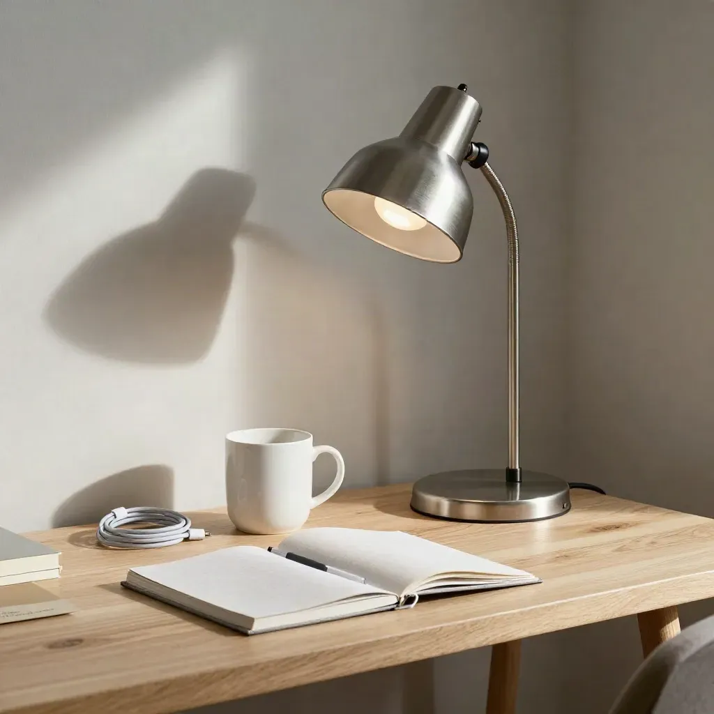 Desk corner with lamp, mug, cable and notebook, ready for work.