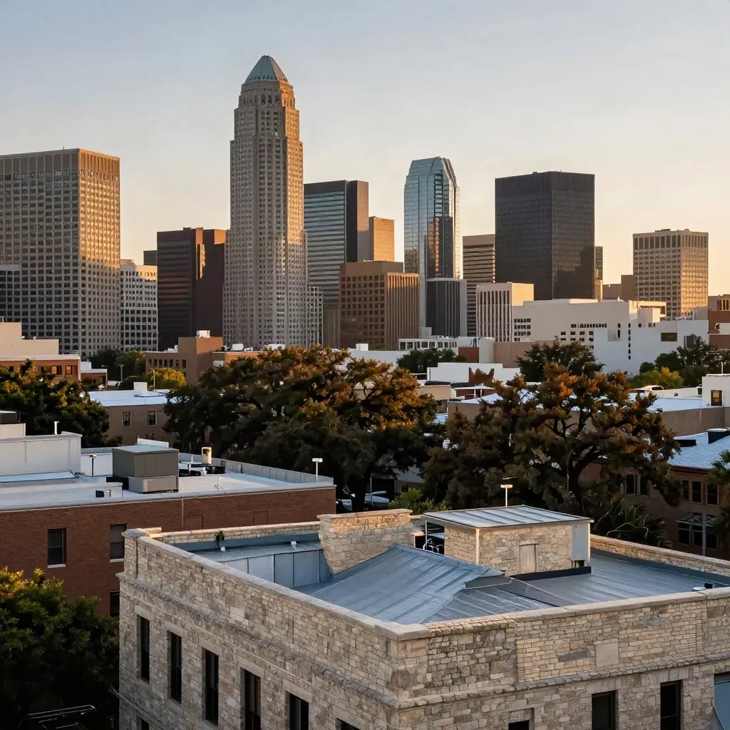 Austin skyline above live oak canopy and limestone rooftops in warm haze