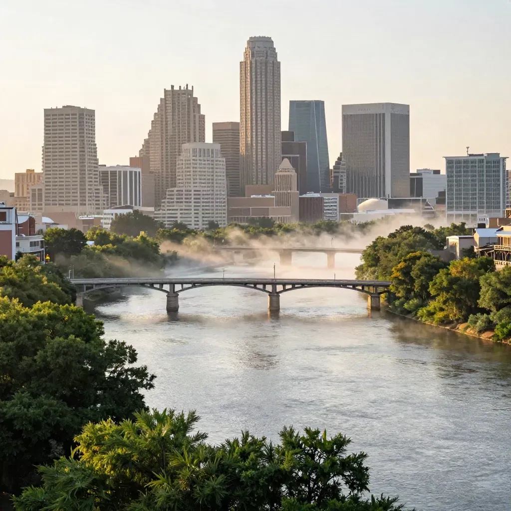 Austin skyline at sunrise above a hazy river bend and low bridges.