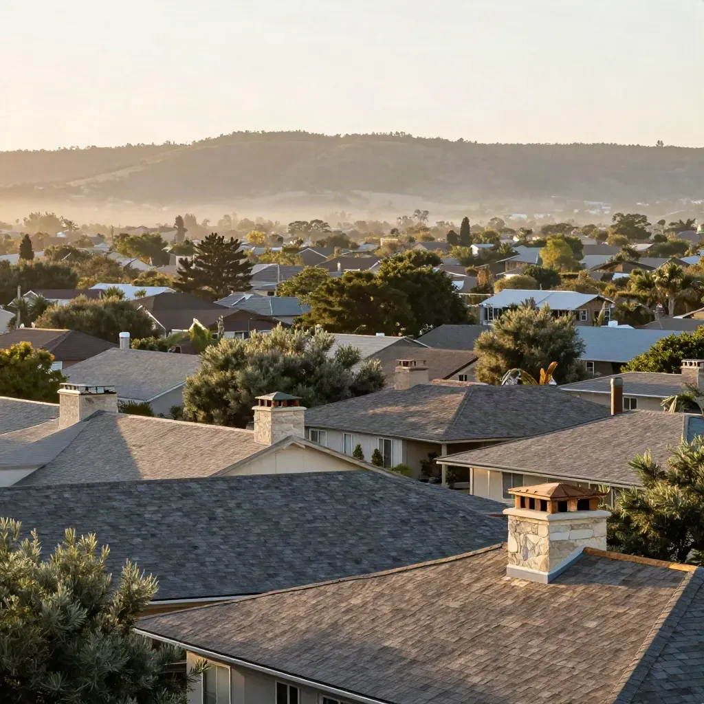 South Austin rooftops with cedar trees and hazy hills at late afternoon