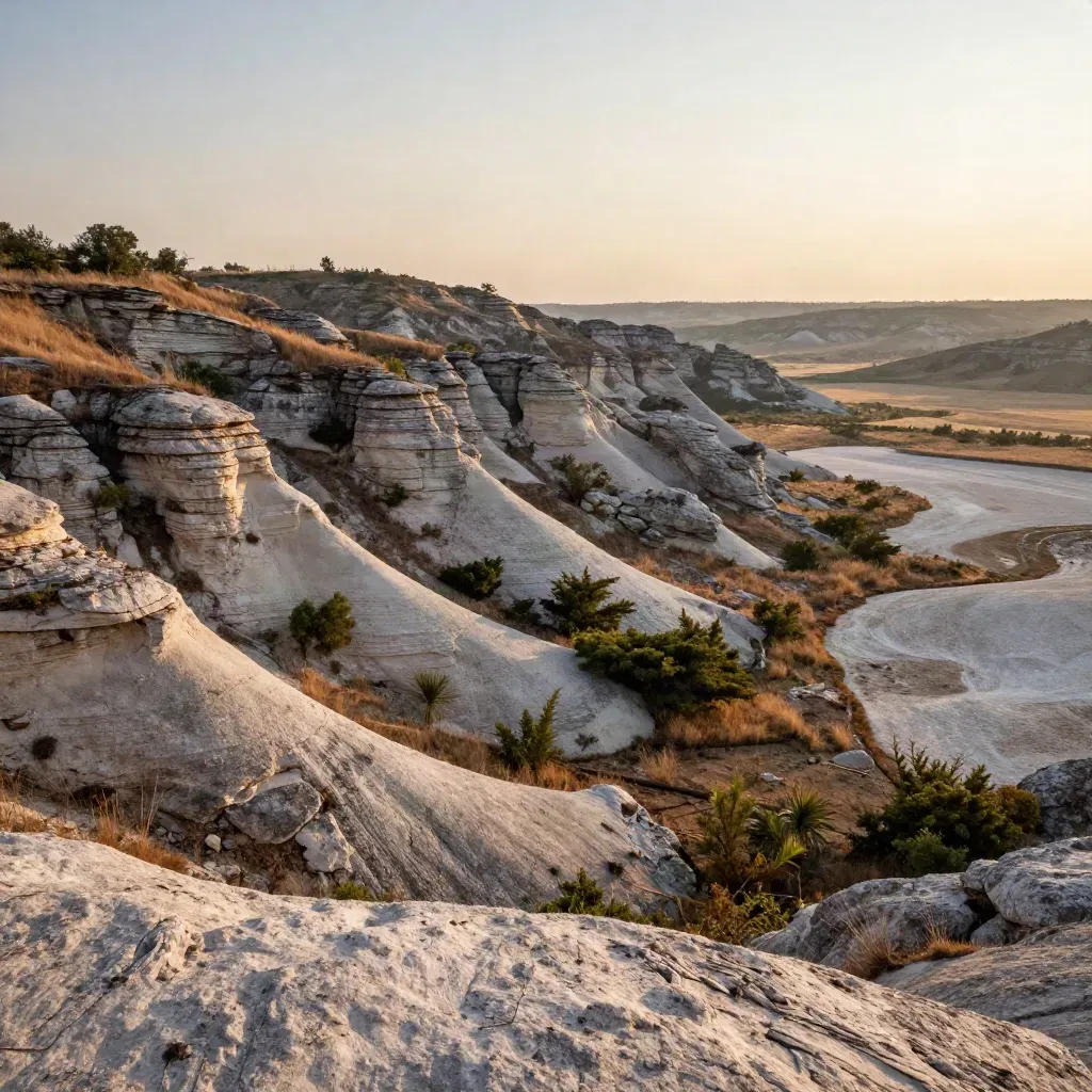Sunlit Hill Country limestone ridges fading into haze above a pale creek basin