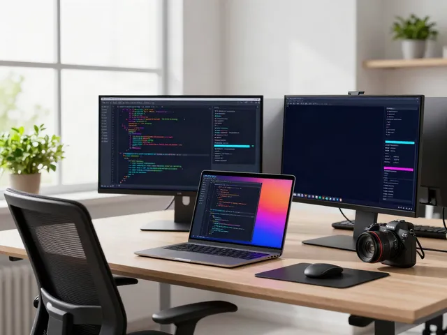 Brave browser displayed on a modern computer setup in a vibrant tech workspace.