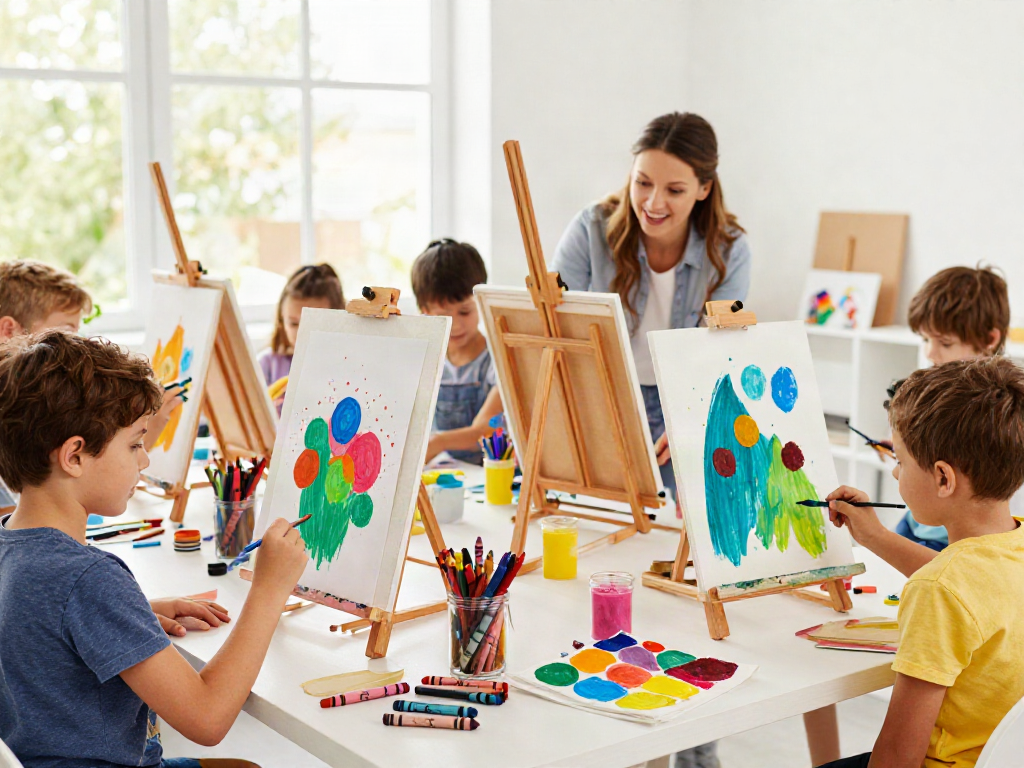 Children creating art using crayons in a bright, cheerful studio led by a crayon manufacturer.