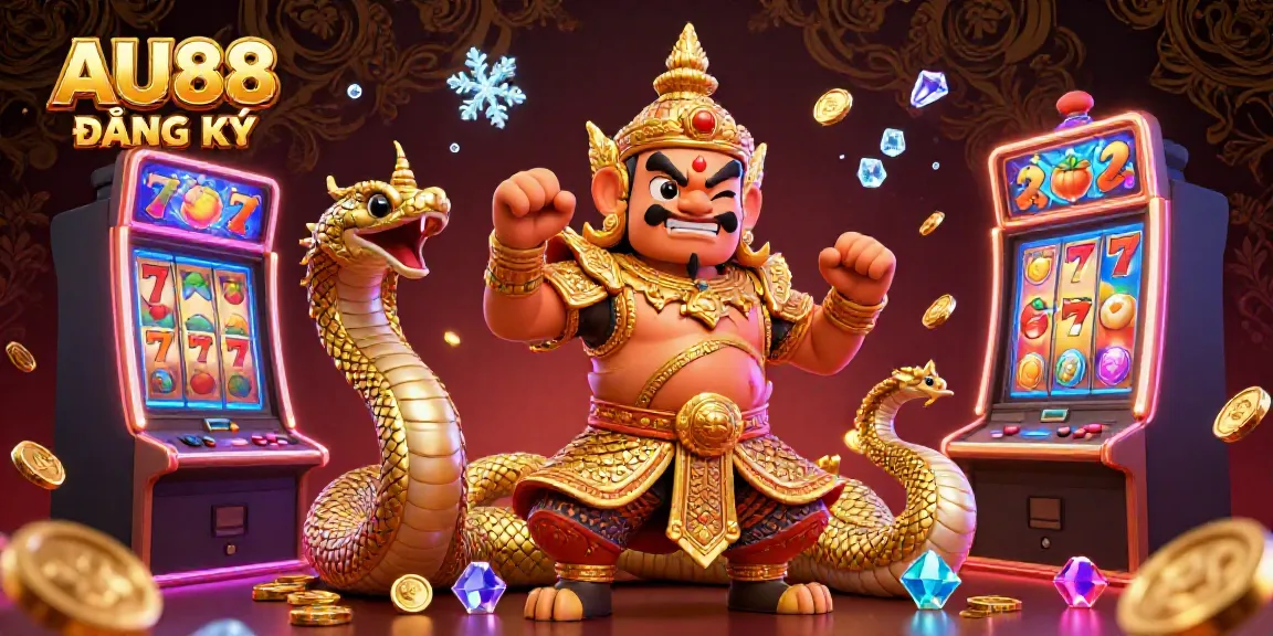 Join the fun with AU88 ĐĂNG KÝ, featuring an exciting 3D illustration of a guardian and slot machines.