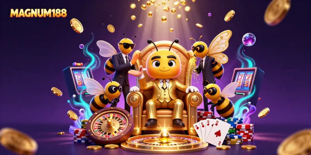 Experience the excitement of MAGNUM188 with a colorful 3D cartoon casino scene, showcasing a buzzing bumblebee mob boss.