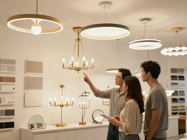 Lustre LED de la un furnizor local, aflat într-un showroom modern.