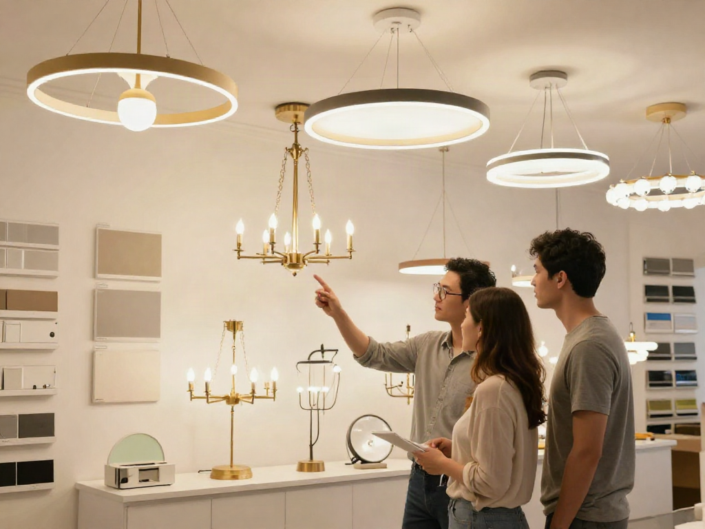 Lustre LED de la un furnizor local, aflat într-un showroom modern.