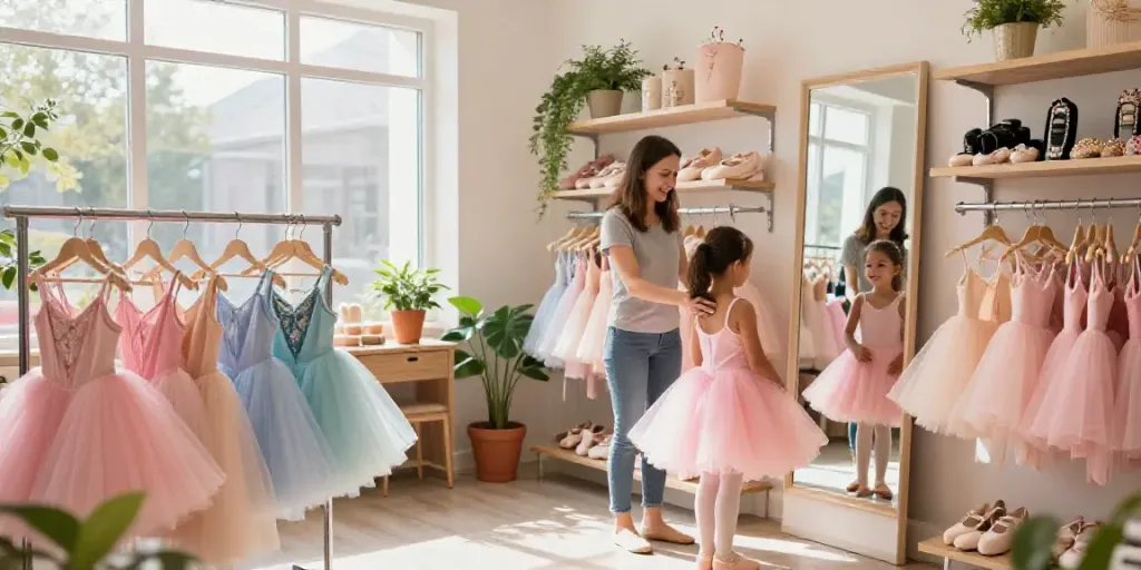 Cheerful young girl trying on a tutu at a vibrant tutu store with colorful displays.