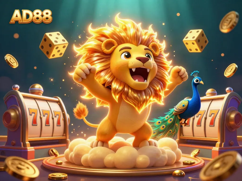 Engage with AD88's exciting casino experience featuring dynamic slot elements and energetic characters.