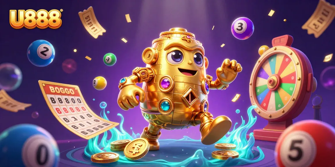 Experience the thrilling atmosphere of U888's vibrant casino environment with golden golem and lively lottery elements.