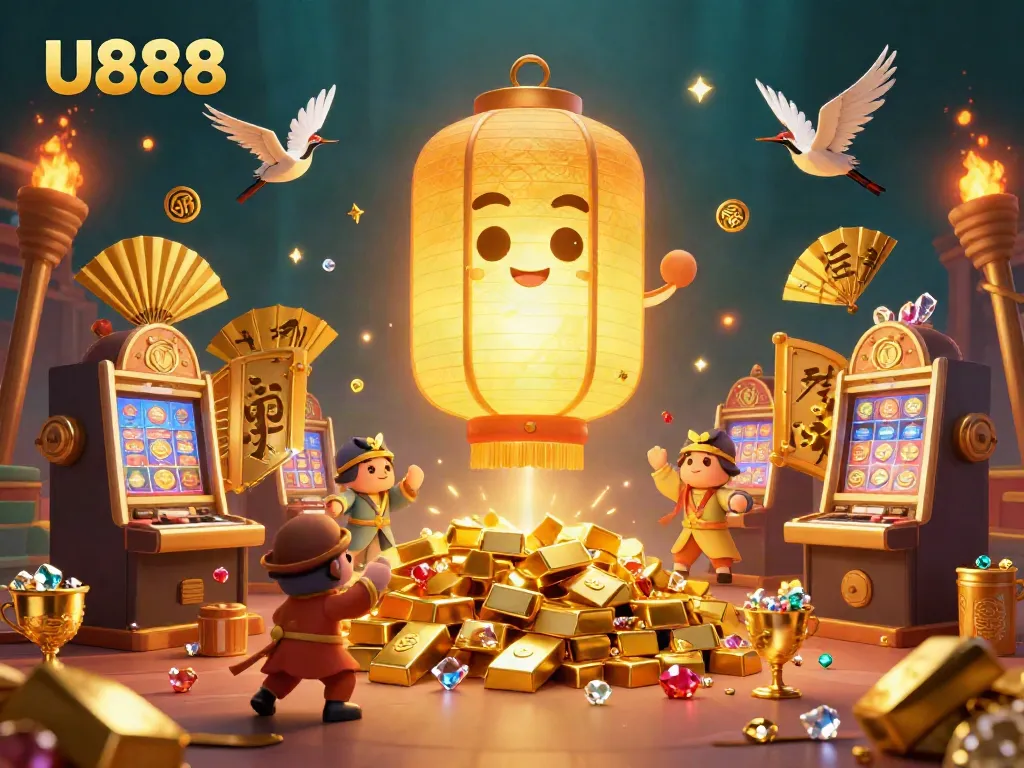 Experience the enchantment of U888 as golden treasures burst from vaults amidst magical casino celebrations.