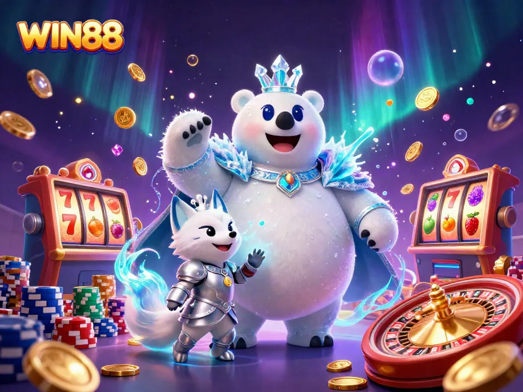 Experience WIN88 magic with a fantastical ice king and vibrant casino scenes.