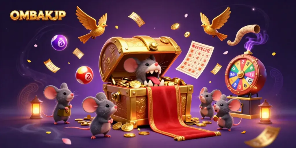 Experience OMBAKJP excitement with colorful lottery elements and treasure chests in a vibrant casino scene.