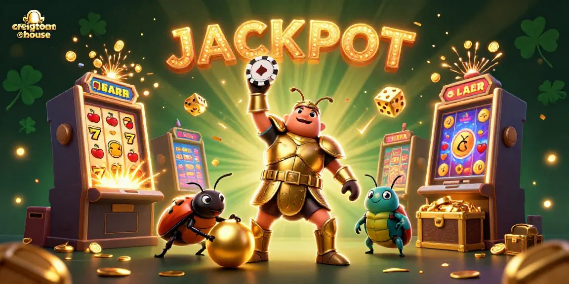 Engage with the excitement at creightonhouse, where a triumphant beetle celebrates winning in a vibrant casino scene.