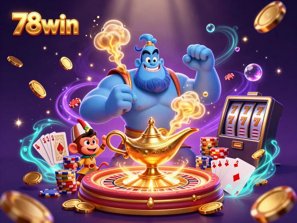 Play games and win big with 78win, featuring a magical genie and vibrant casino elements.