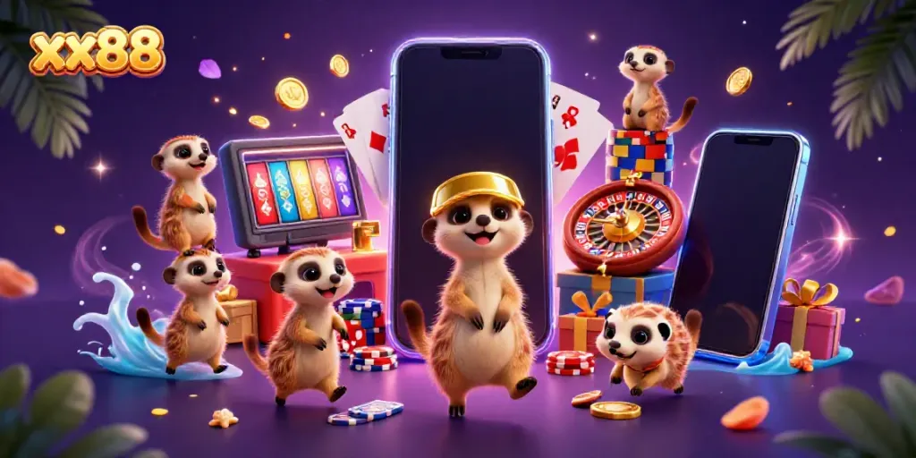 Meerkats engaging in a casino operation showcasing slots and games, themed around xx88.