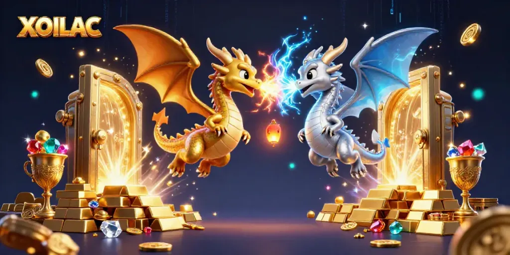 Engage in thrilling gaming with XOILAC's vibrant illustration of gold and silver dragons amidst treasure and dynamic energy effects.