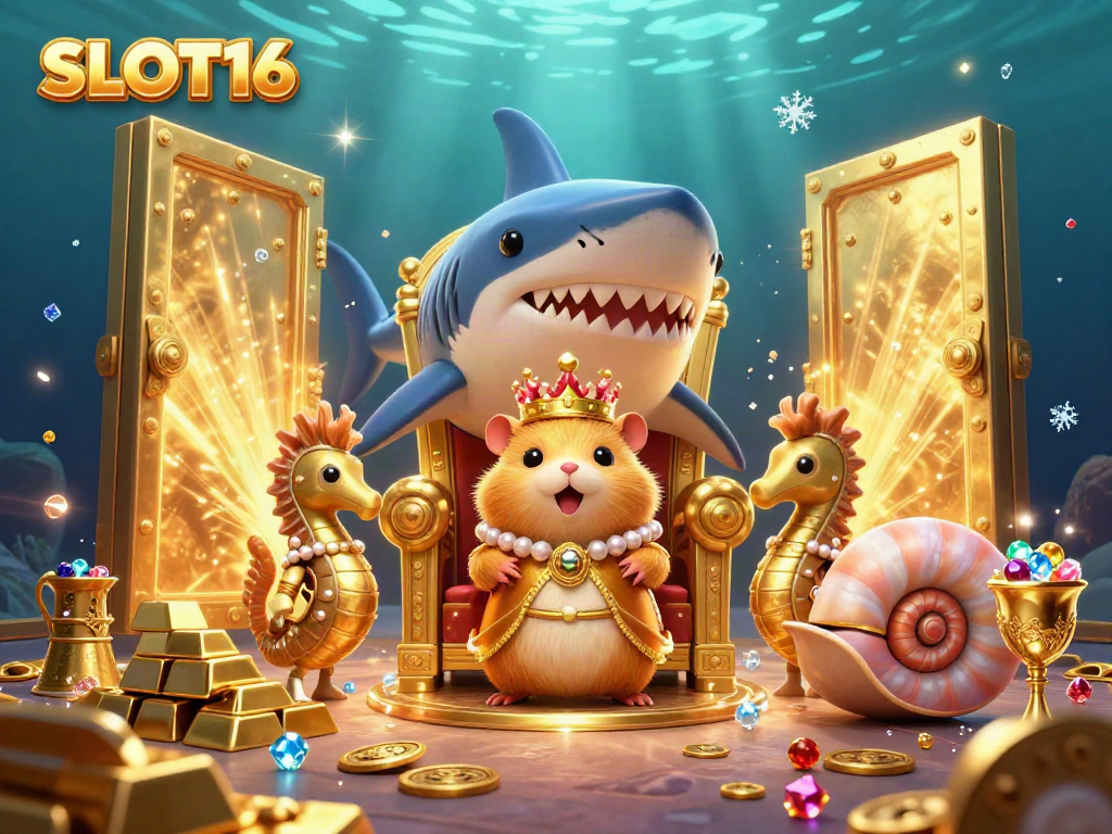 SLOT16 king rules his treasure realm with gold and gems, showcasing vibrant casino elements.