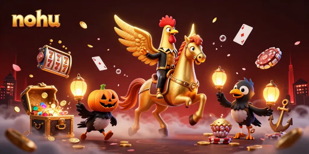 Experience the excitement of nohu gaming with a vibrant casino scene featuring golden rooster decor and slot elements.