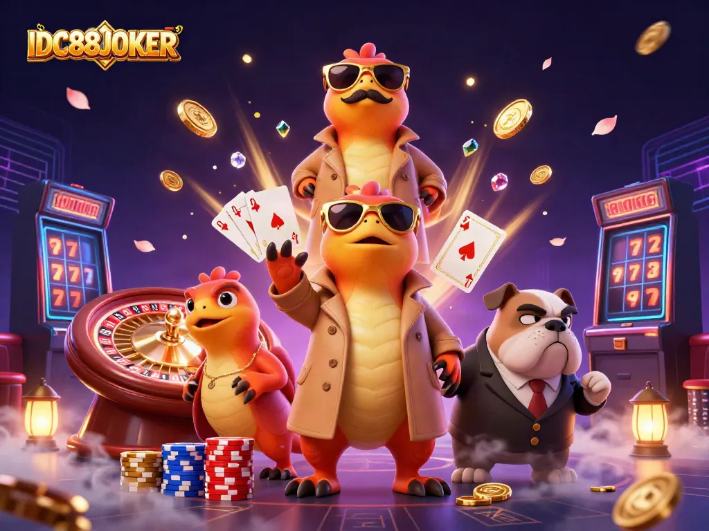 Experience the excitement of IDC88JOKER with raptors in disguise entering a VIP lounge full of casino treasures.