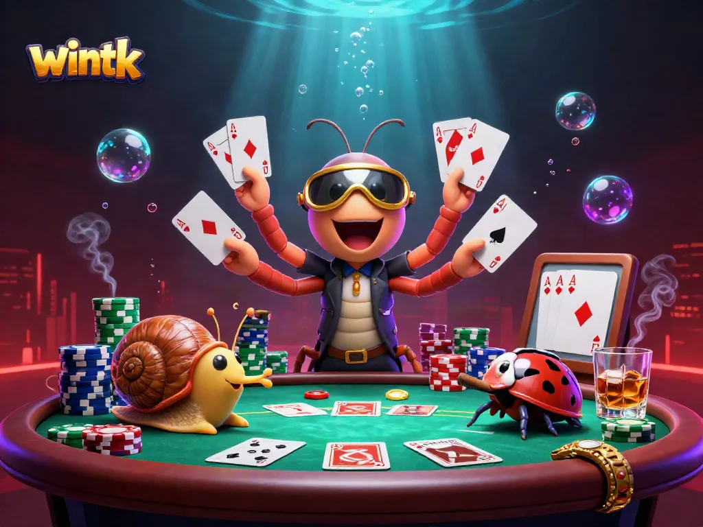 Experience the excitement of wintk with a lively 3D illustration featuring a millipede dealer, poker table, and vibrant gaming elements.
