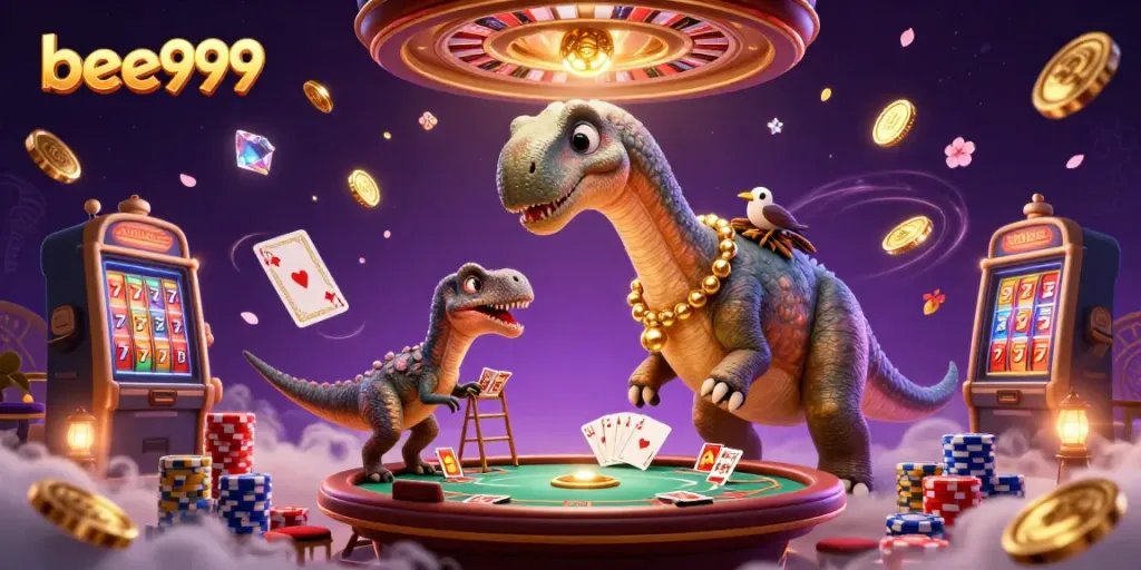 Experience thrilling gameplay with bee999 as a brontosaurus oversees the casino action below.