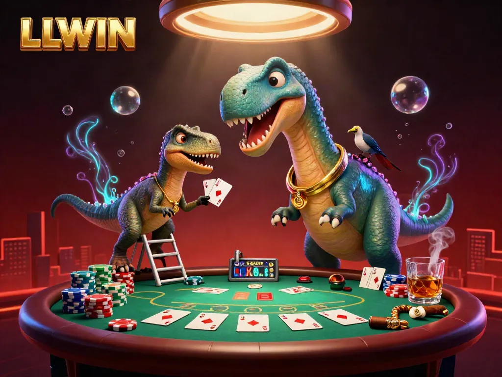 Experience the thrill of LLWIN with a dynamic casino scene featuring a towering brontosaurus and clever raptor dealer.