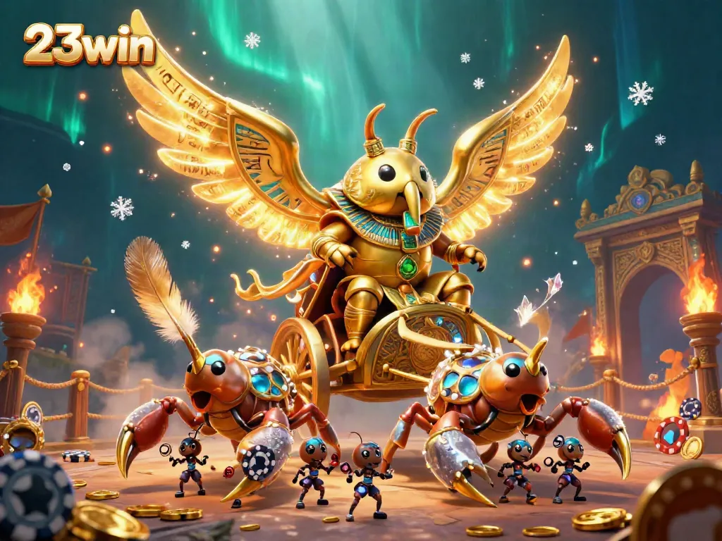 Experience exhilarating gameplay at 23win as colossal beetles and scorpions battle amidst swirling gold coins and betting tokens.