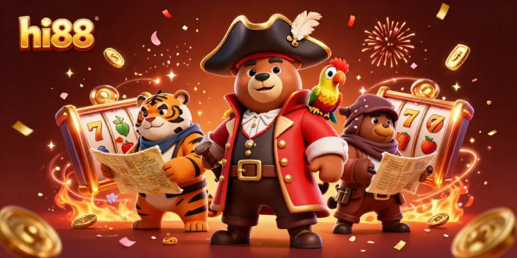 Play and win with hi88 in a vibrant, action-packed casino scene featuring slot reels and gold coins.
