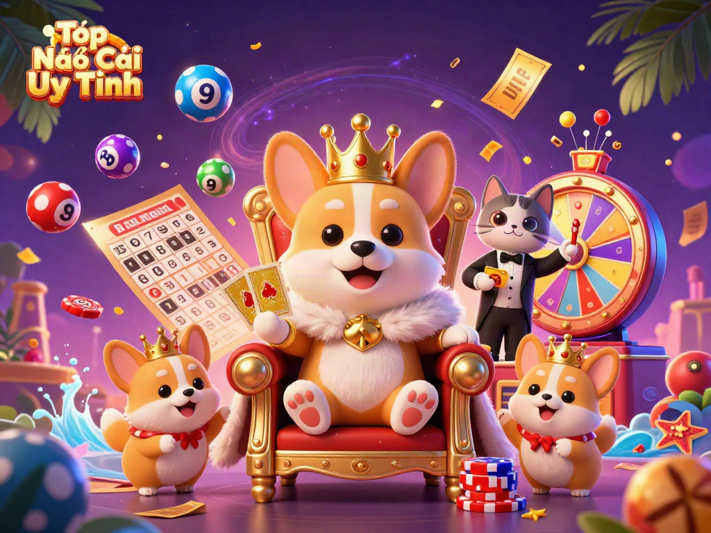 Top Nhà Cái Uy Tín illustration featuring corgi royalty enjoying vibrant casino elements.