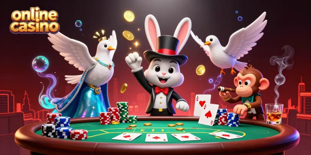 Experience the excitement of an online casino with a 3D magician rabbit, poker chips, and sparkling coins.