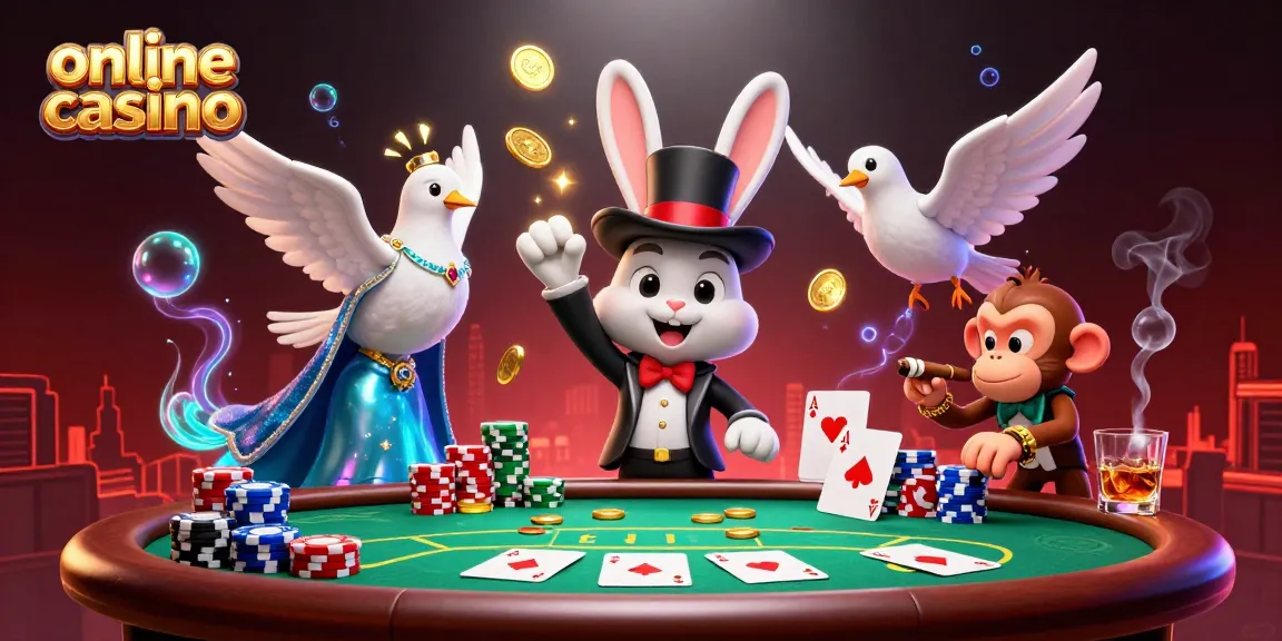 Experience the excitement of an online casino with a 3D magician rabbit, poker chips, and sparkling coins.