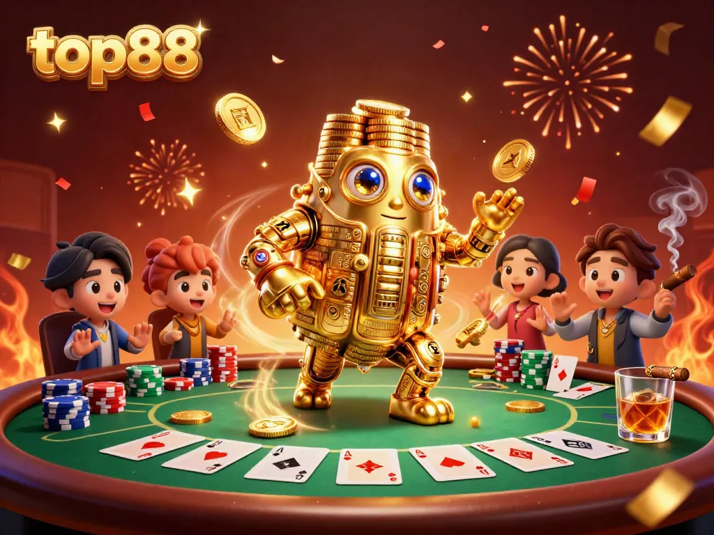 Join the excitement with top88 in this vibrant casino scene featuring golden golem and poker elements.