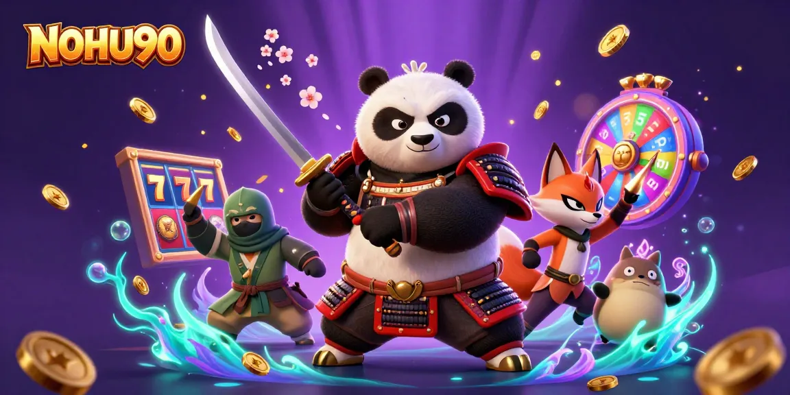 Experience the excitement of NOHU90's dynamic casino world with vibrant samurai panda and ninja fox.