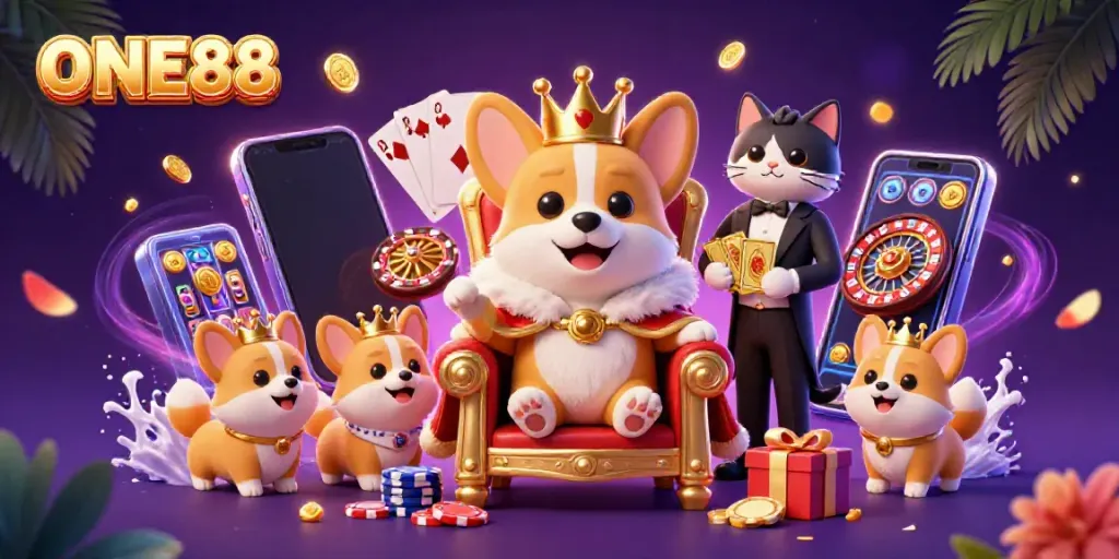 ONE88 themed casino illustration featuring a royal corgi on a poker chip throne surrounded by game elements