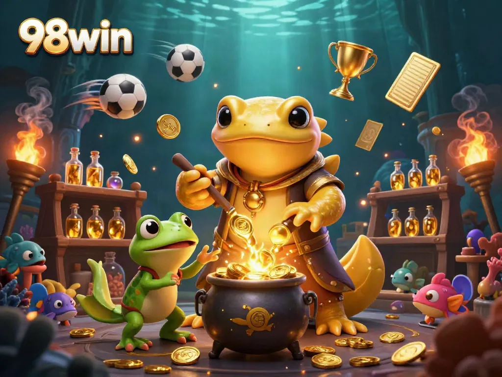 Engage with 98win's fish shooting game featuring a golden salamander alchemist and vibrant underwater elements.