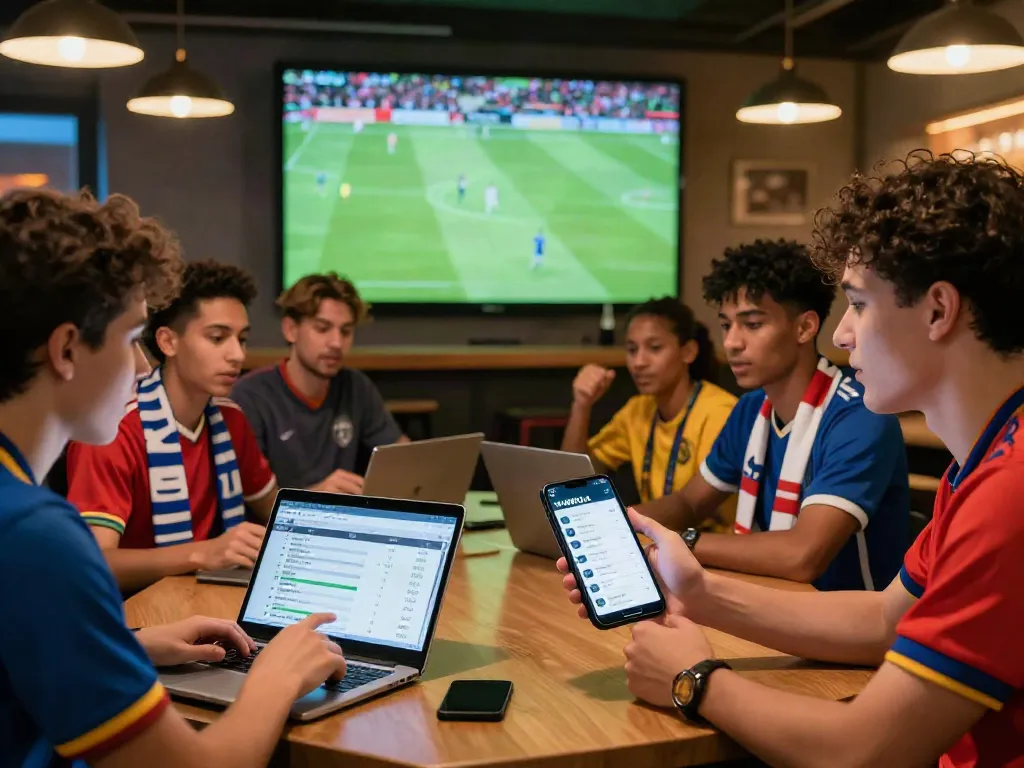 Enthusiastic fans analyzing soccer match odds on WWBOLA app in a lively sports bar.