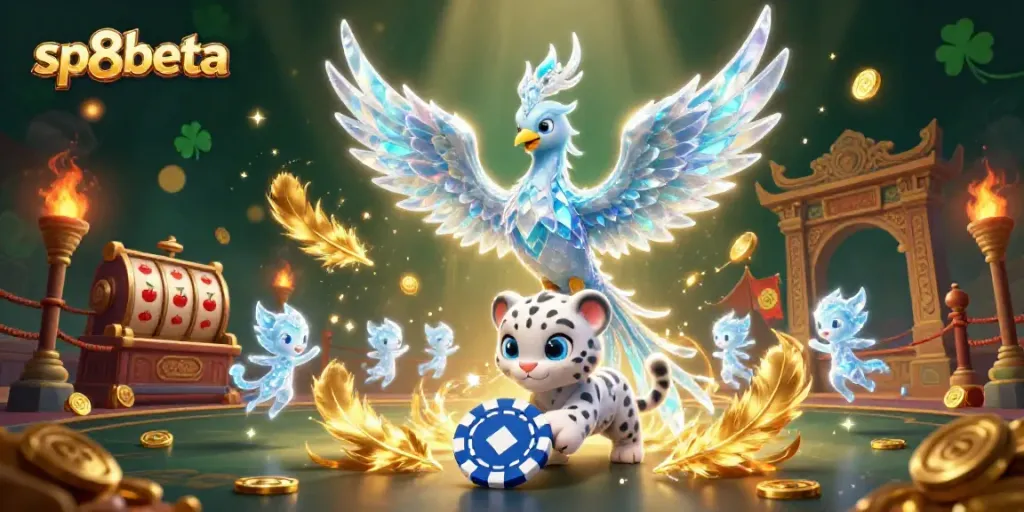 Engage with sp8beta's enchanting ice phoenix and snow leopard in a vibrant casino scene.