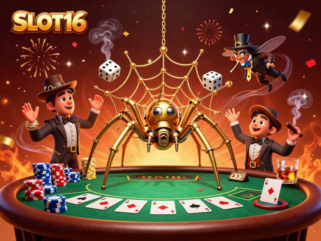 SLOT16 captivating 3D illustration with a steampunk spider and dice on a poker table, enhanced with vibrant casino elements.
