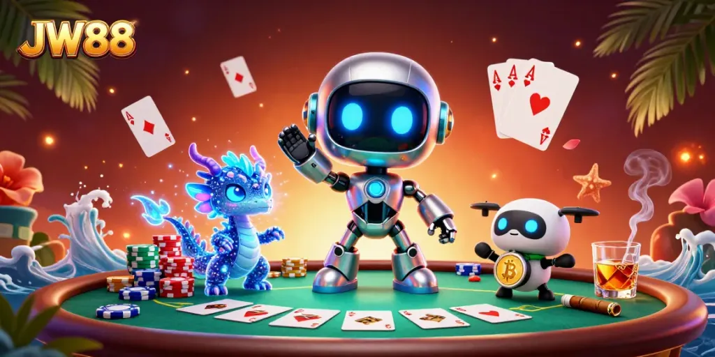 Play poker and win with JW88 in a vibrant, action-packed gaming scene featuring a cyberpunk robot and holographic dragon.