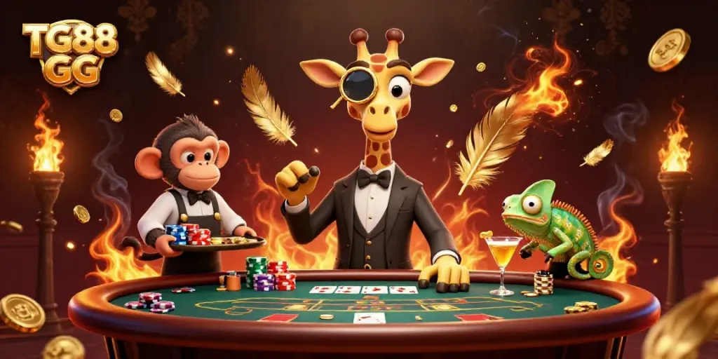 Experience exciting gameplay with TG88 GG featuring a high-roller giraffe at a vibrant poker table surrounded by dynamic characters.