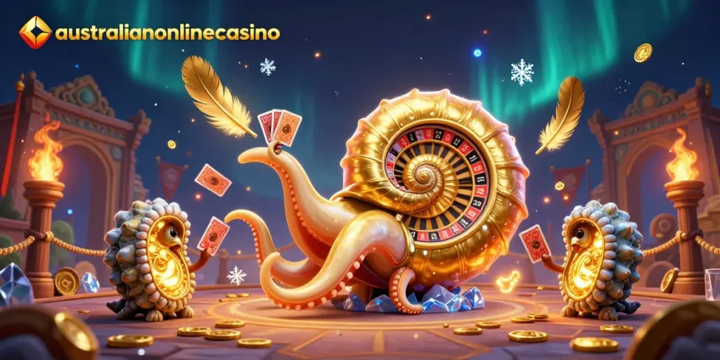Experience the vibrant scene at australianonlinecasino with a giant nautilus roulette wheel and glowing ammonites.