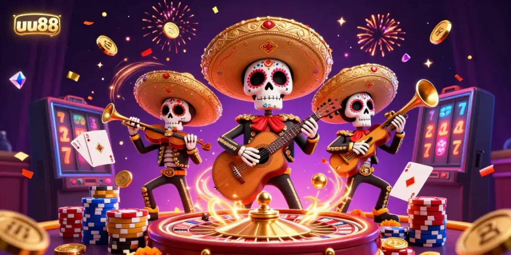 Experience the vibrant casino world of uu88 with a Day of the Dead mariachi band amidst vivid gambling elements.